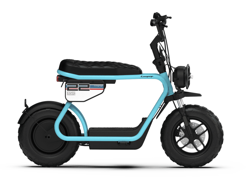 Coopop Rugged GS E-Moped Seitenansicht, türkise Ausführung